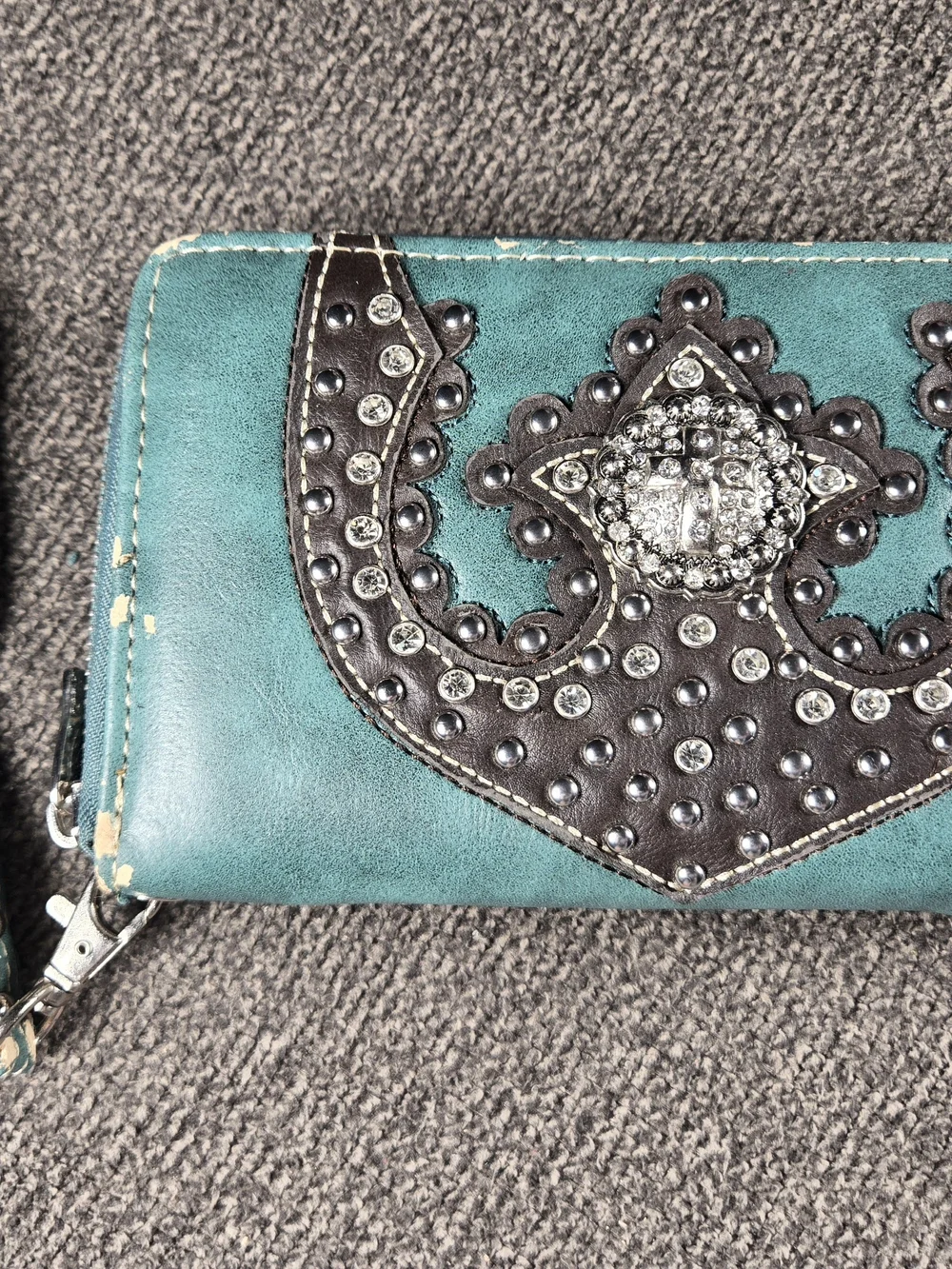 Trinity Teal Zip Wallet with Black Studded Western Accent